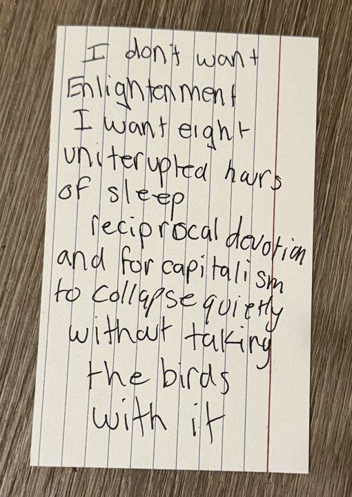 Handwritten index card: I don’t want enlightenment. I want eight uninterrupted hours of sleep, reciprocal devotion and for capitalism to collapse quietly without taking the birds with it.
