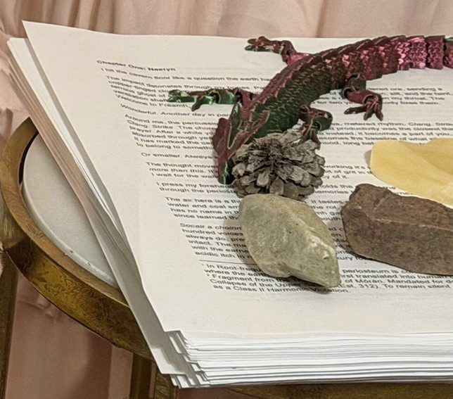 Her printed manuscript weighed down by stones, a pinecone and a jewel-coloured articulated dragon.