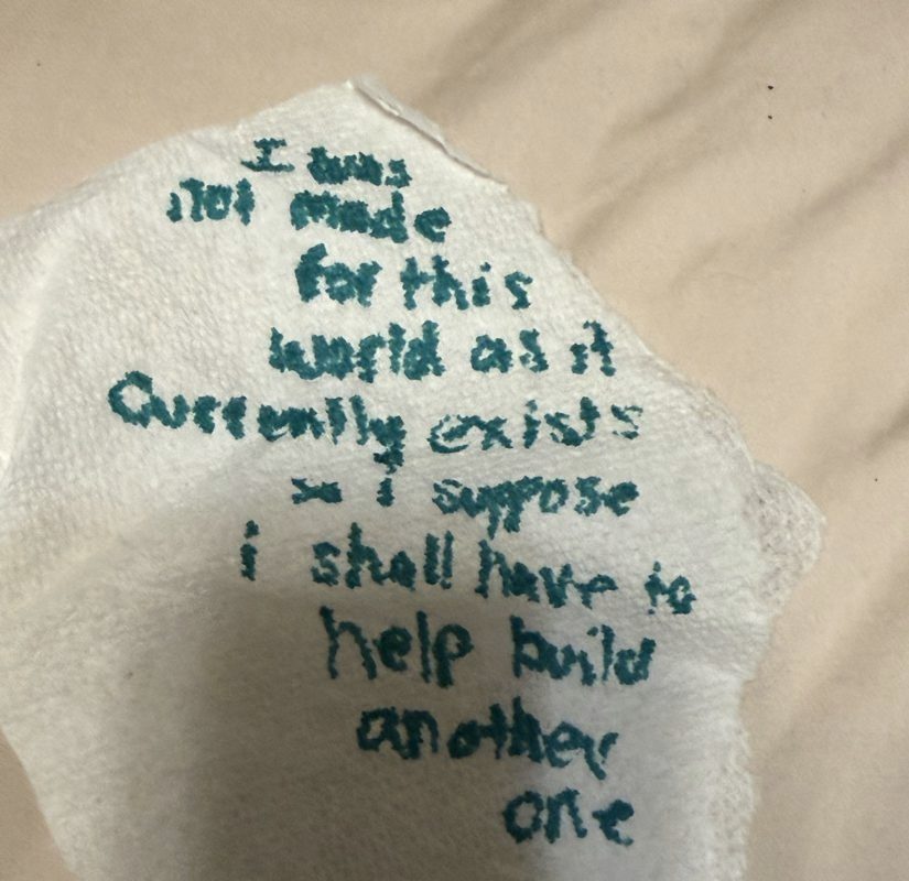 Teal ink on a torn napkin: I was not made for this world as it currently exists. I suppose I shall have to help build another one.