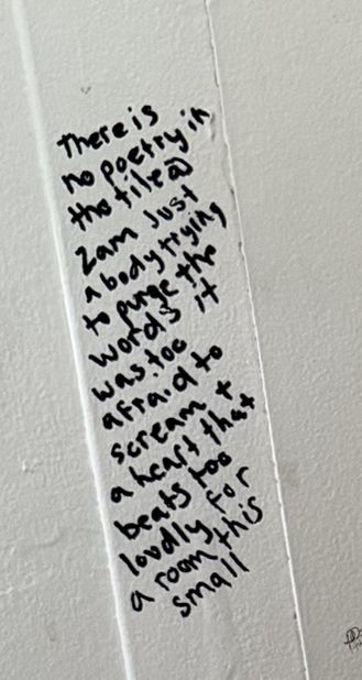 Written on the bathroom wall: There is no poetry in the tile at 2am, just a body trying to purge the words it was too afraid to scream and a heart that beats too loudly for a room this small.