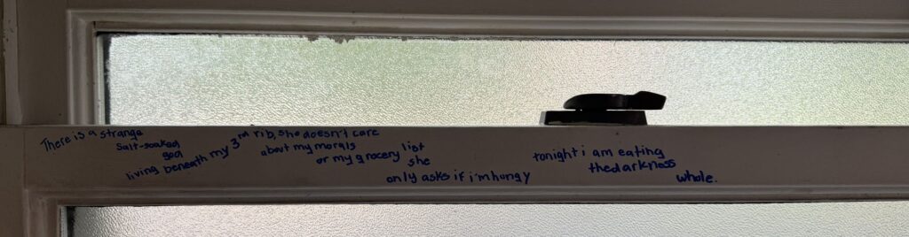 Blue marker on a window sash: There is a strange salt-soaked god living beneath my 3rd rib. She doesn't care about my morals or my grocery list, she only asks if i'm hungry.