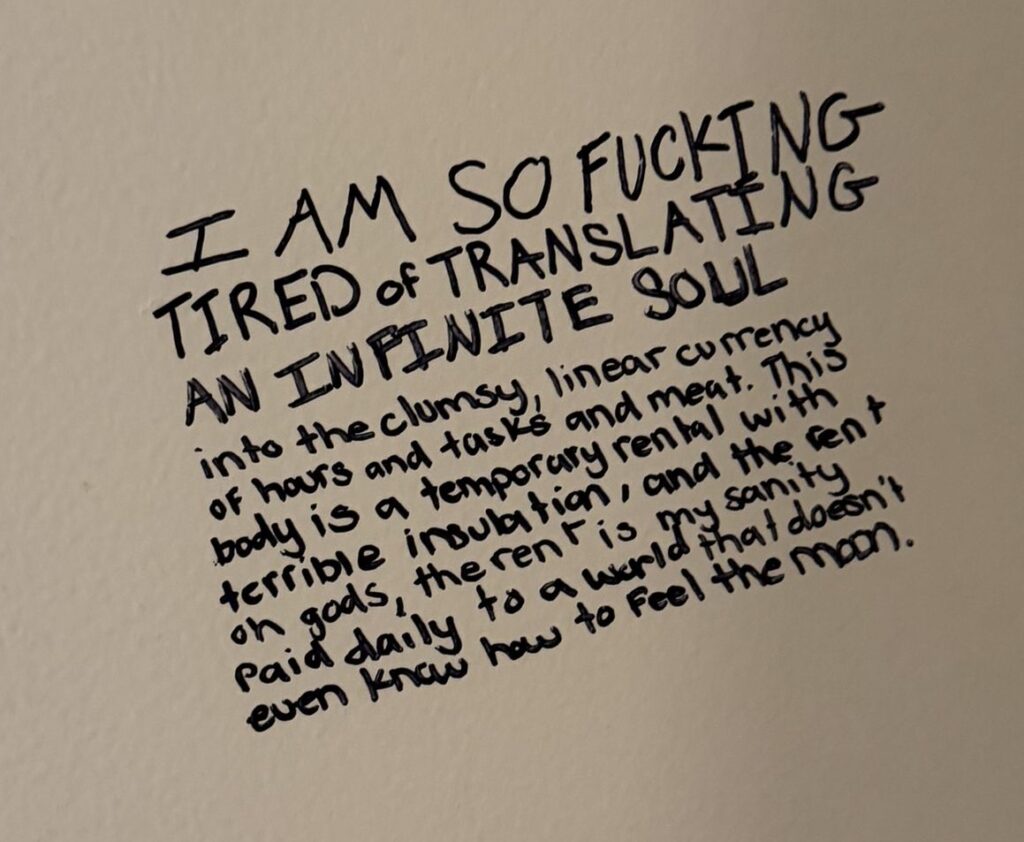 Written on a hallway wall: I AM SO FUCKING TIRED OF TRANSLATING AN INFINITE SOUL into the clumsy, linear currency of hours and tasks and meat.