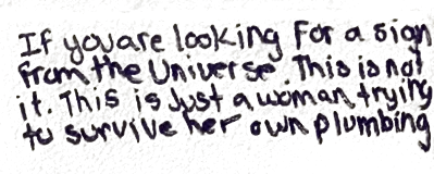 Written on the bathroom panel in purple: If you are looking for a sign from the Universe, This is not it. This is just a woman trying to survive her own plumbing.