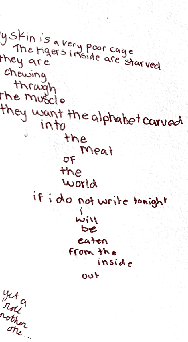 Written in red on a hallway wall: My skin is a very poor cage. The tigers inside are starved. If i do not write tonight i will be eaten from the inside out.