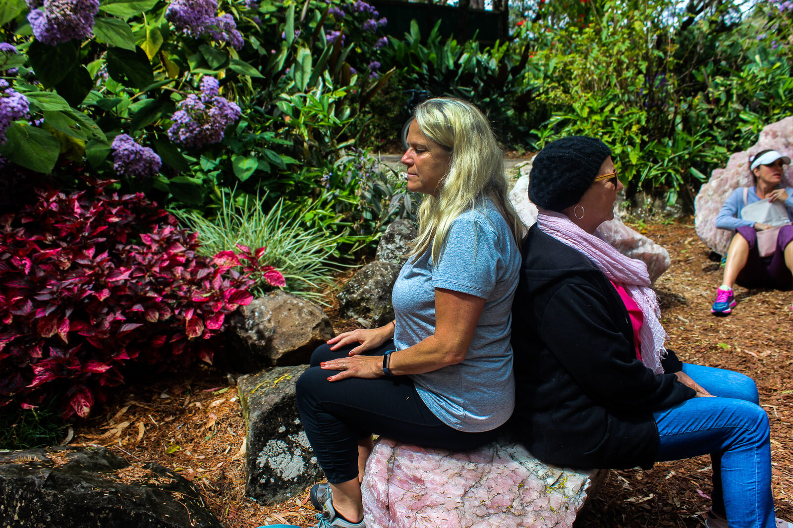 Two women sitting on a rock in a garden full of flowers.