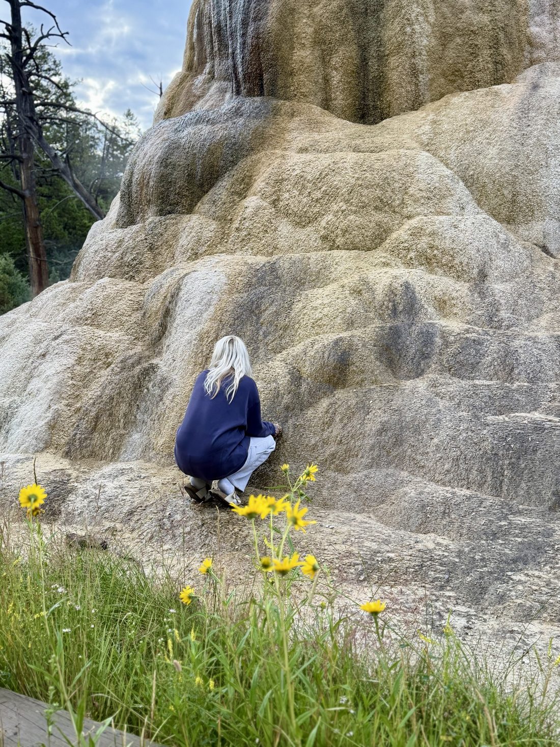 Nikyla crouched at the foot of a huge mineral formation, yellow wildflowers in front.